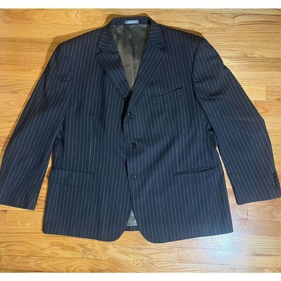 Oscar De La Renta Perfect Press Striped Three Button Wool Blazer Sz 50 - Picture 2 of 6